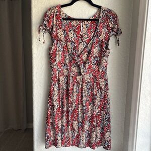 Free People Floral Mini‎ Dress Women M Boho Red Cutout Twist Front Tie Sleeve